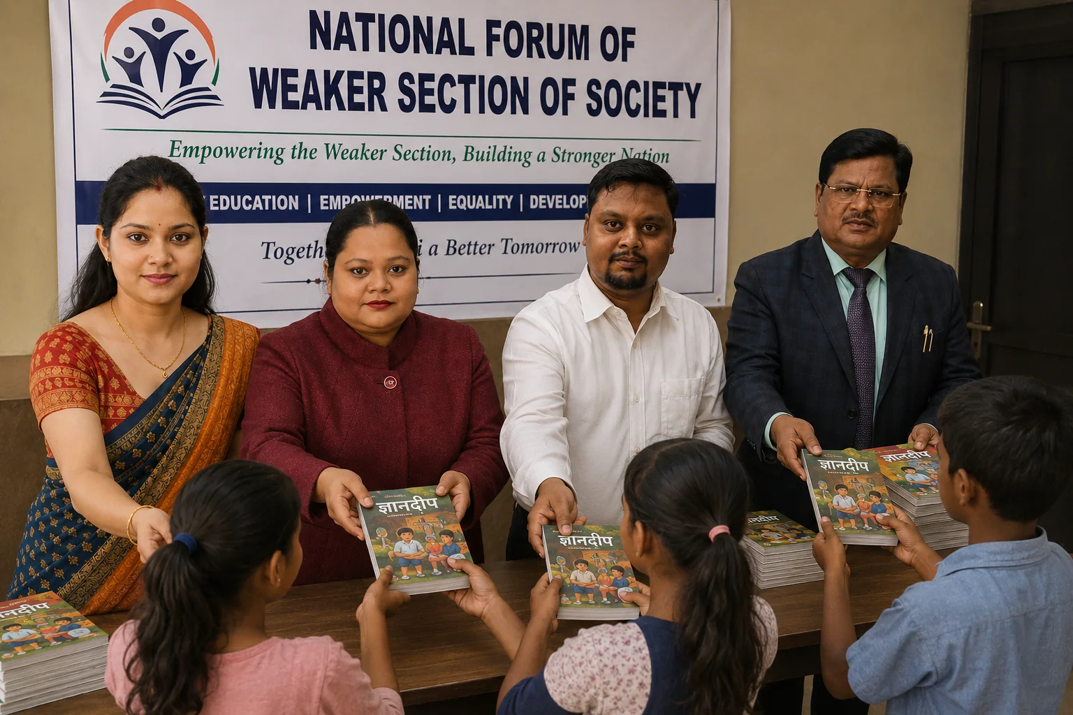NFWS team distributing books to school children